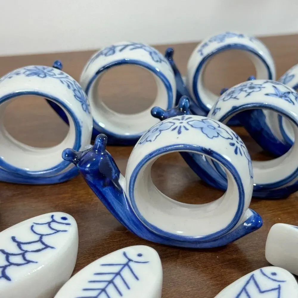 Snail Napkin Rings and Fish Knife Rests Set of 6 each Blue White New in Box